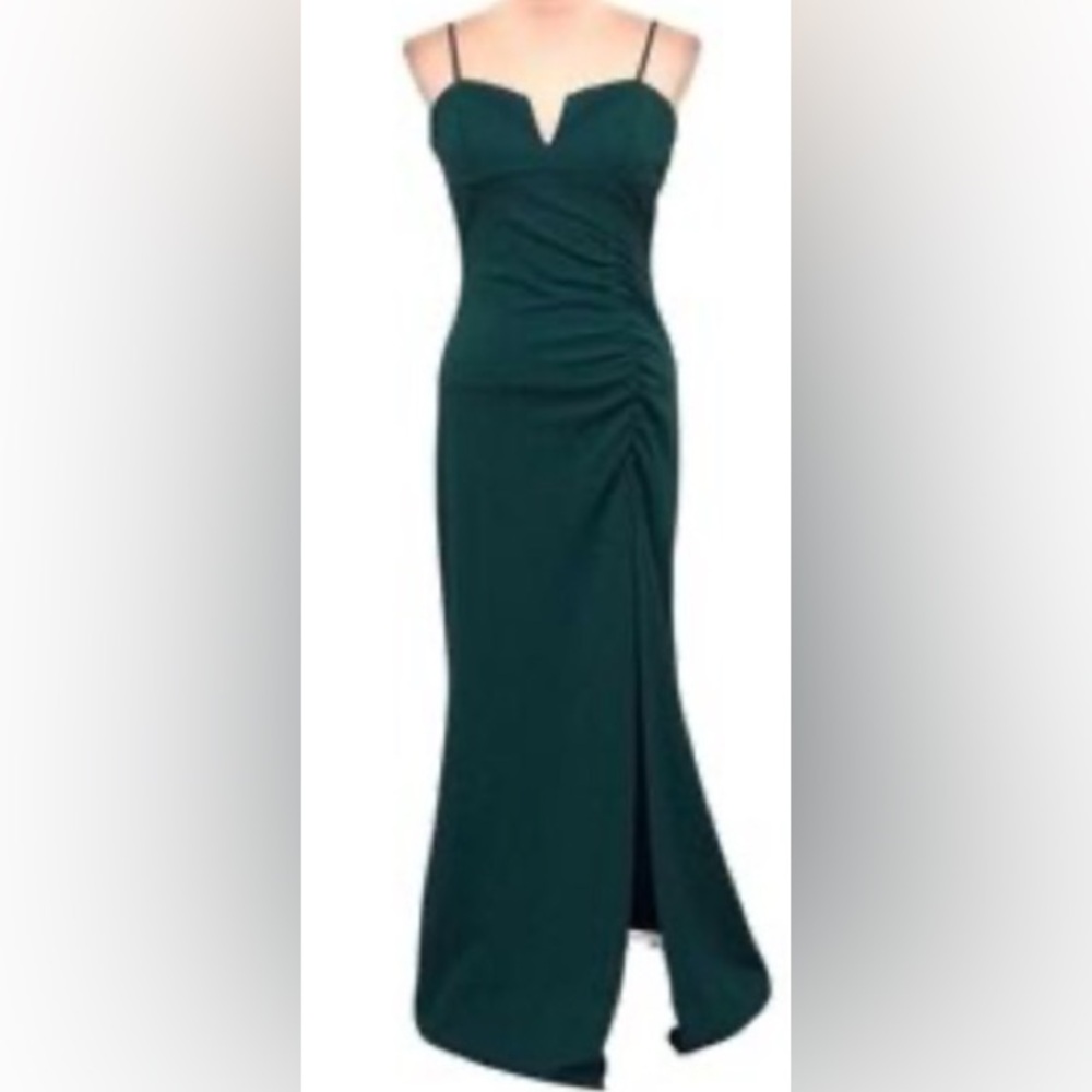 Emerald Sundae Hunter Green Empire V bust line Ruched Back High slit Maxi Dress